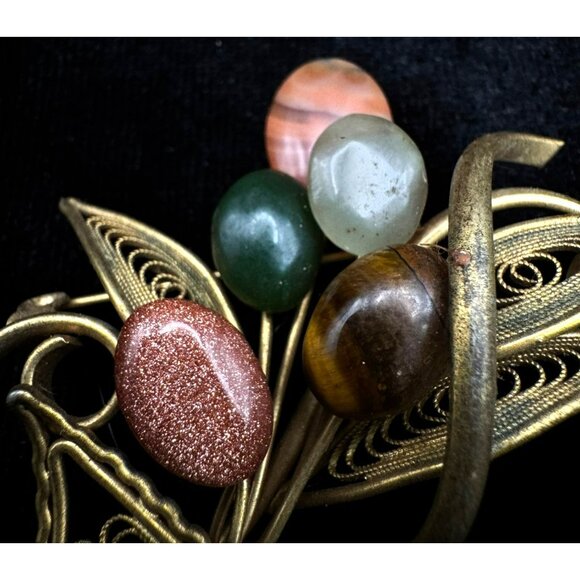 Vintage 1960's Semiprecious Stones Goldtone Filigree Floral Spray Brooch - Picture 3 of 5